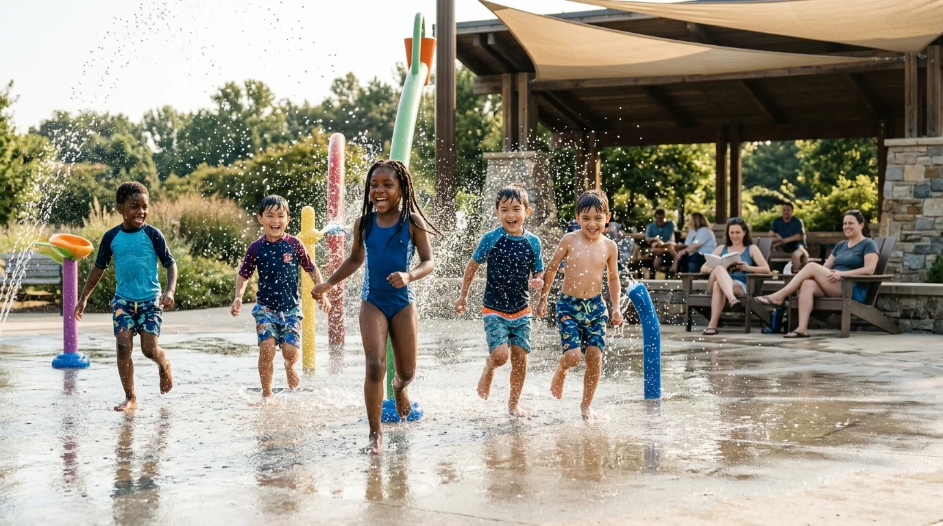 Children running through fountains at a sunny public splash pad.