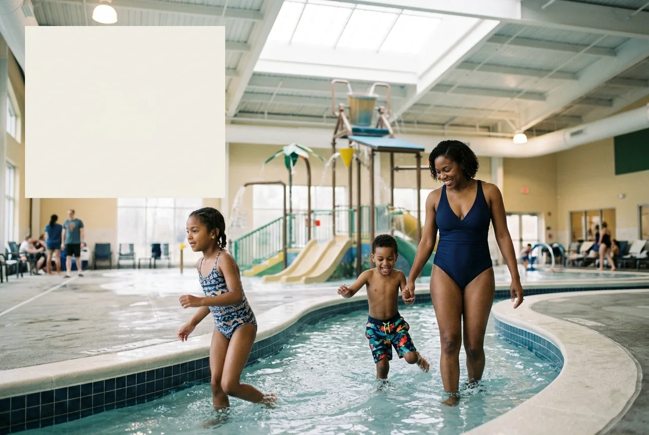 Family enjoying a current channel inside a bright indoor waterpark.